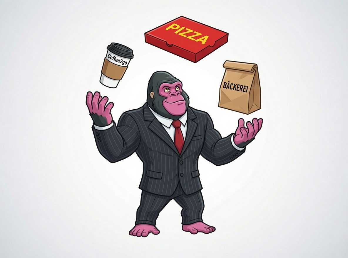 brandilla Gorilla im Business-Anzug jongliert Coffee Cup, Pizzakarton und Bäckertüte — Werbung für Banken